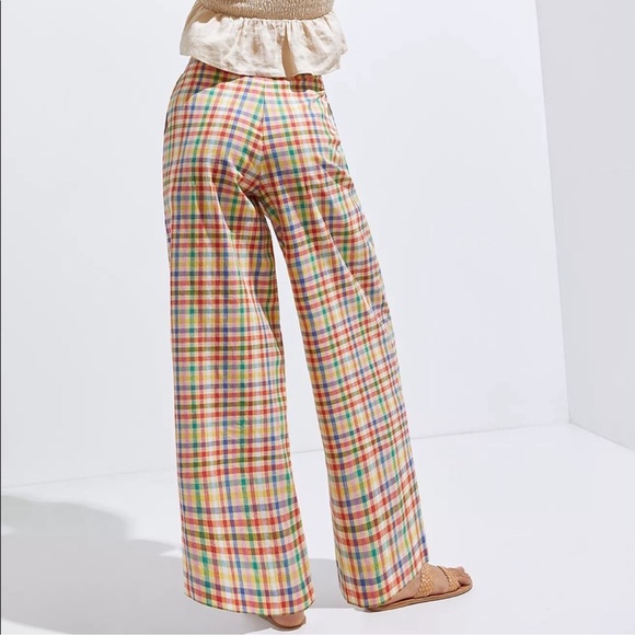 Eva Franco Anthropologie Linen Wide Leg Pants Rainbow Gingham Check Trousers - Picture 2 of 11